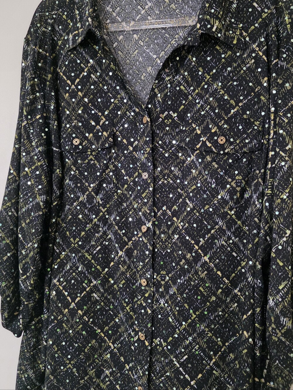 Dark Olive Green Sequin Geometric Button Up Top Festive Casual Party Workwear 1X